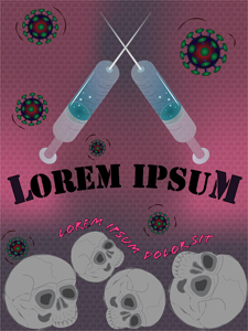 pink brick background with skuls and two hyperdermic needles and virus molecules