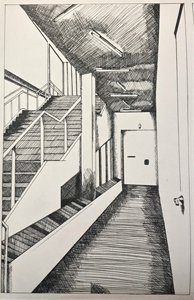 hand drawn exterior space with hallway and stairs of UH Blaffer Gallery