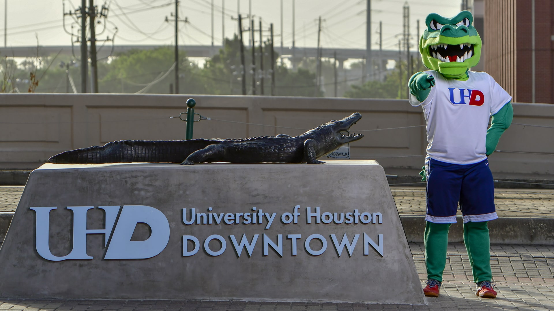 Ed-U-Gator by the gator statue on the south deck