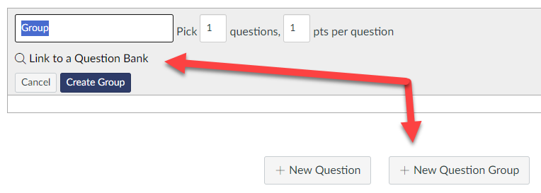 a screenshot of the+New Question group button with Link to a Question Bank highlighted 