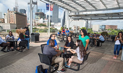 students hanging out on the South Deck