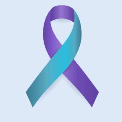 Multicolored ribbon (green and blue) on light blue background.