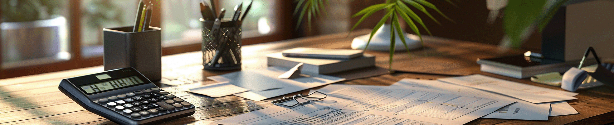 An Accounts Payable desk with invoices, calculator and pencils 