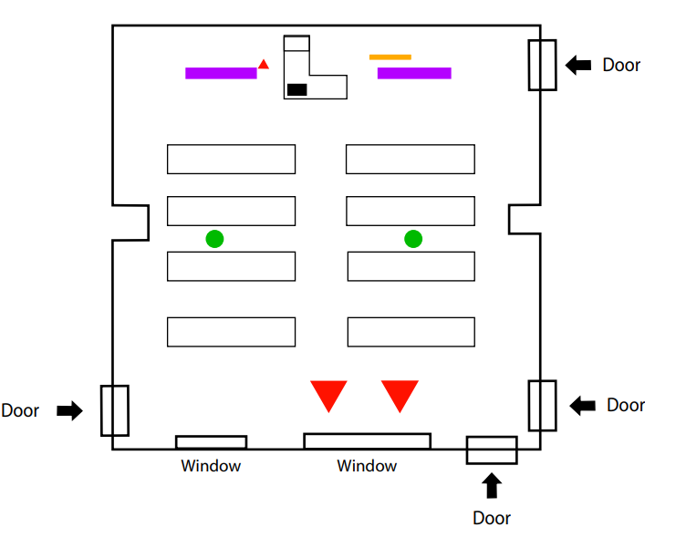 Diagram of the floor plan for ACAD 768 indicate the location of lcd projects, lcd projection screens, smartboards and camera.