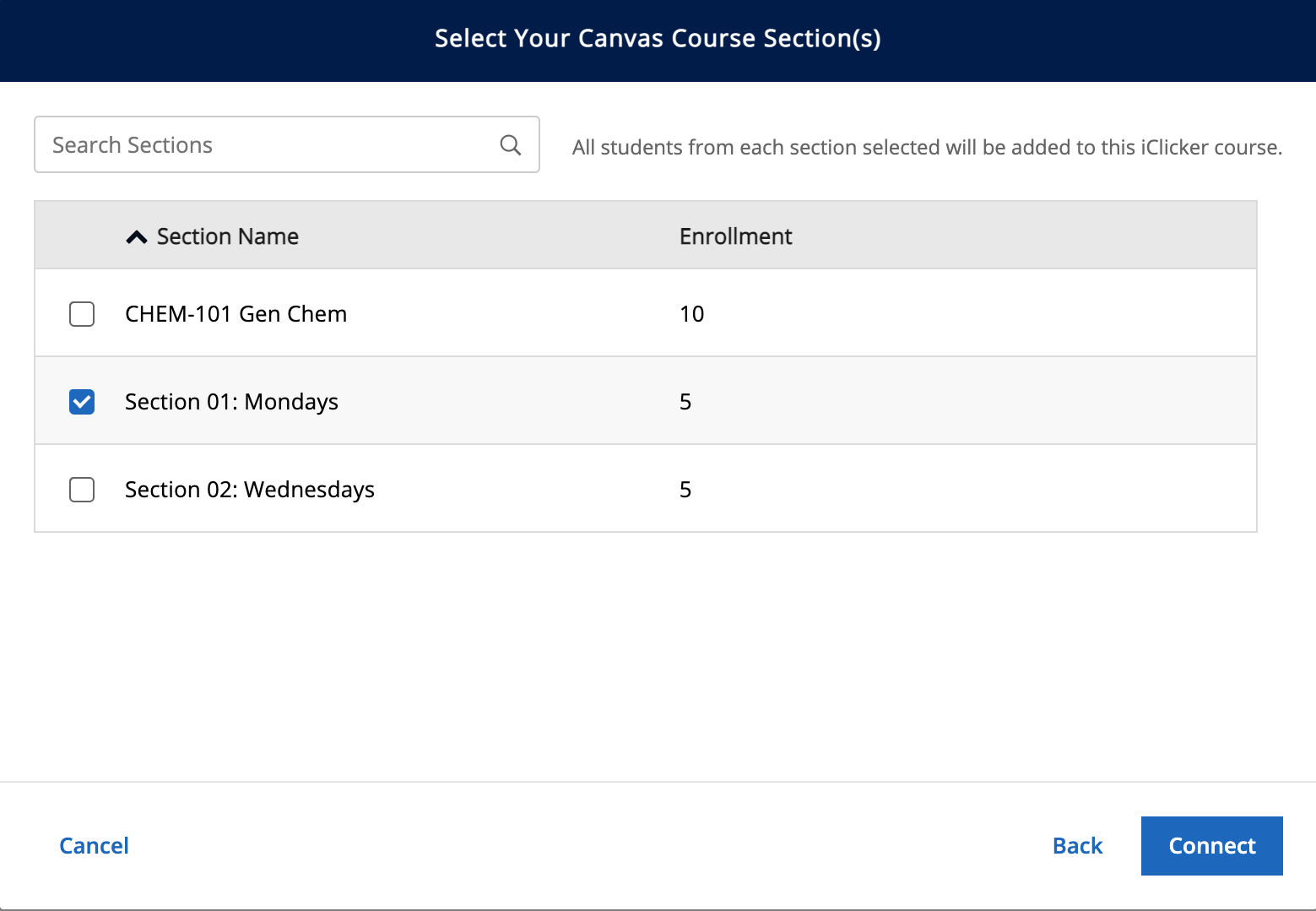 Select your Canvas course section screenshot