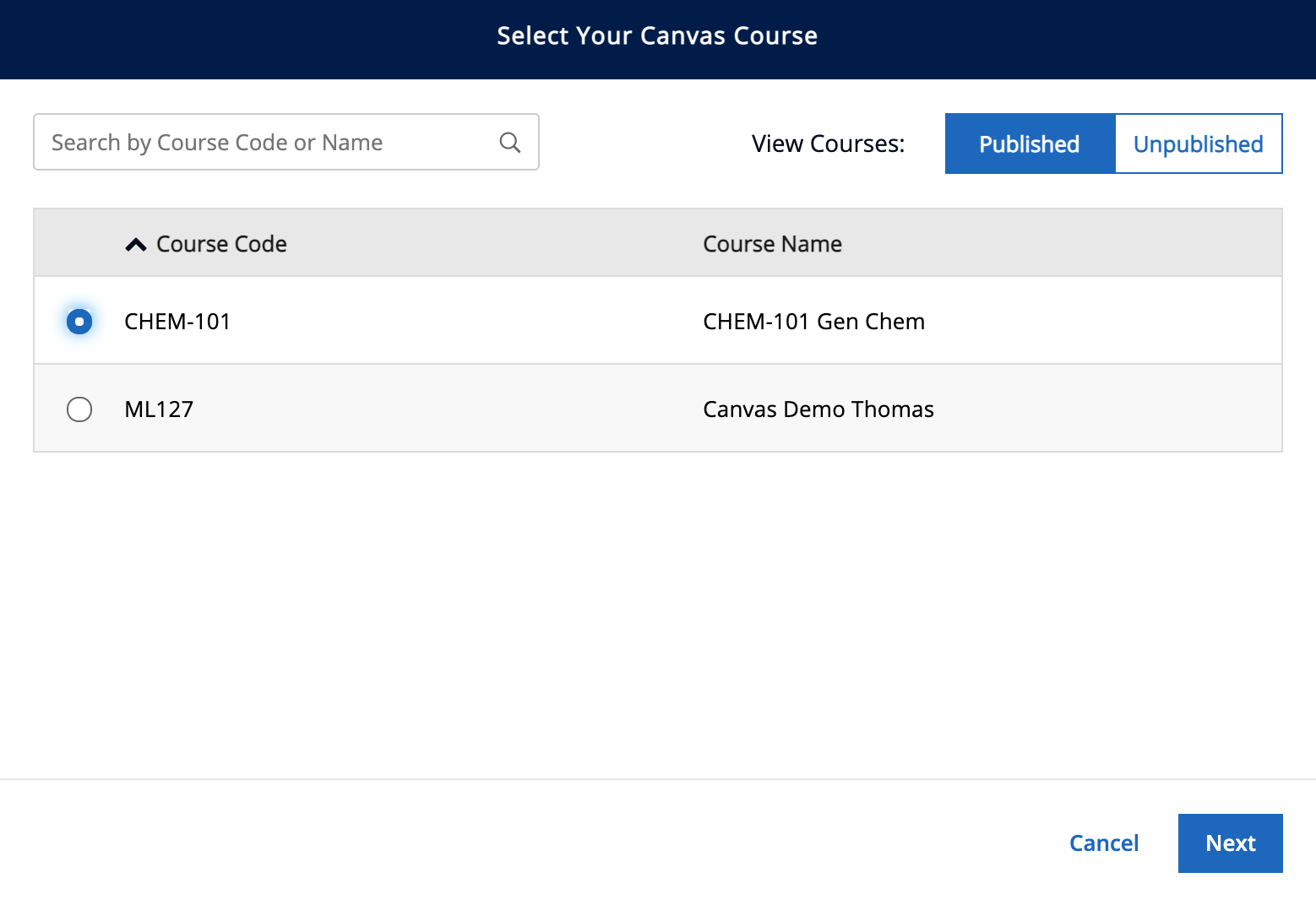 Select your Canvas course screenshot