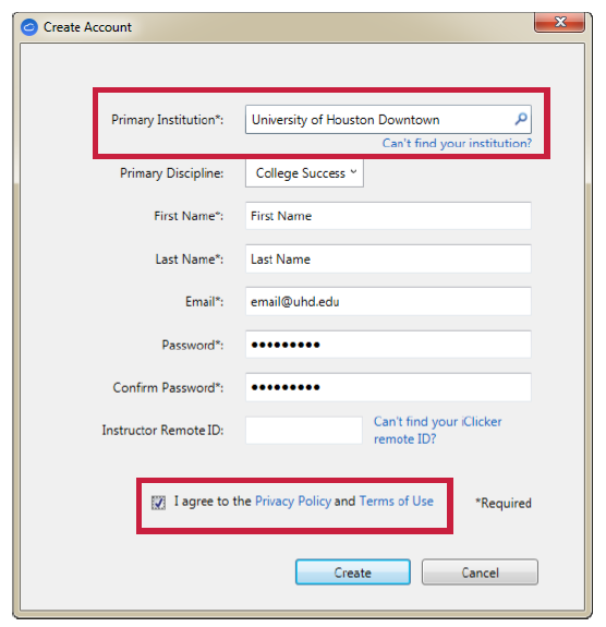 a screenshot of the Create Account dialog box