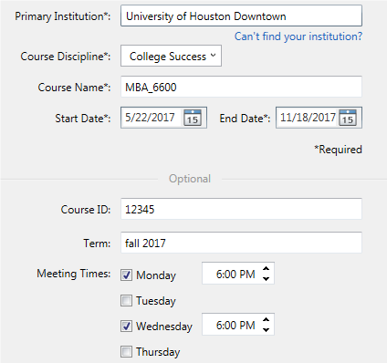 a screenshot of the Create a Course dialog box