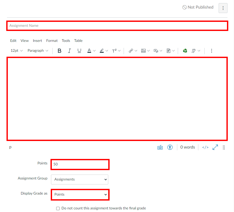Create new assignment window. On it, the text boxes for Assignment name, the Description, and Points are highlighted by red boxes, as is the "Display Grade As" dropdown menu, which is set to "Points."