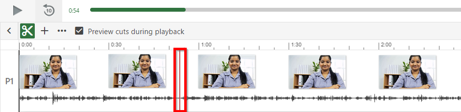 The timeline of a video. The red vertical line, indicating where the viewer is in the timeline, is highlighted by a red box.