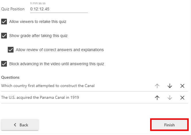 Quiz info form. On it, the "Finish" button is highlighted by a red box.