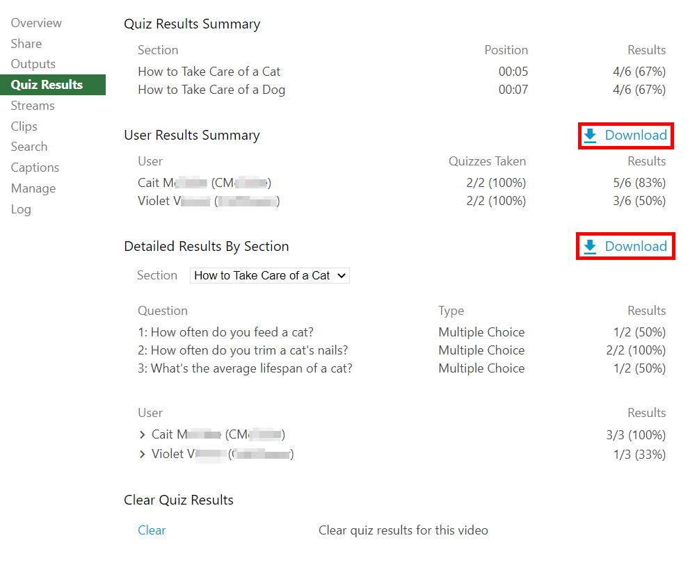 Quiz Results Summary page, the Download buttons are highlighted by a red box.