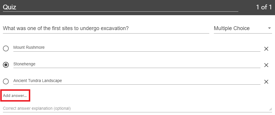 Multiple choice form in a quiz. The "Add Answer..." button is highlighted by a red box.