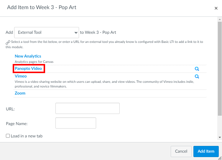Add item: Select Panopto.